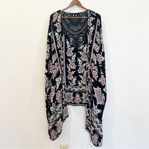 Sky And Sand Duster Kimono Womens 1X Black Cream Floral Crochet Rayon Boho Indie